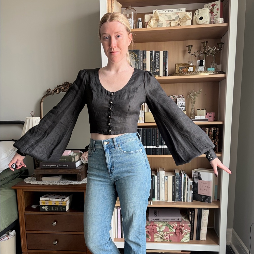 I Do Declare Salome Crop Top | Black Button-Front Peasant Crop Top